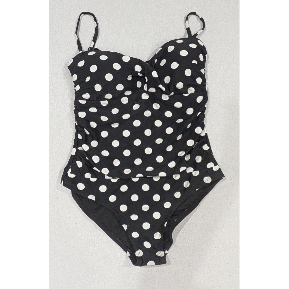 Catalina One Piece Swimsuit Women M 8-10 Black White Polka Dot Ruched Sweetheart